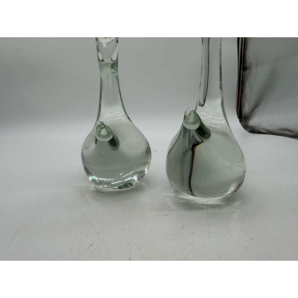 Vintage Hand Blown Glass Swan Figurines Clear Green Smoke Set of 2 Paperweights - Picture 6 of 11